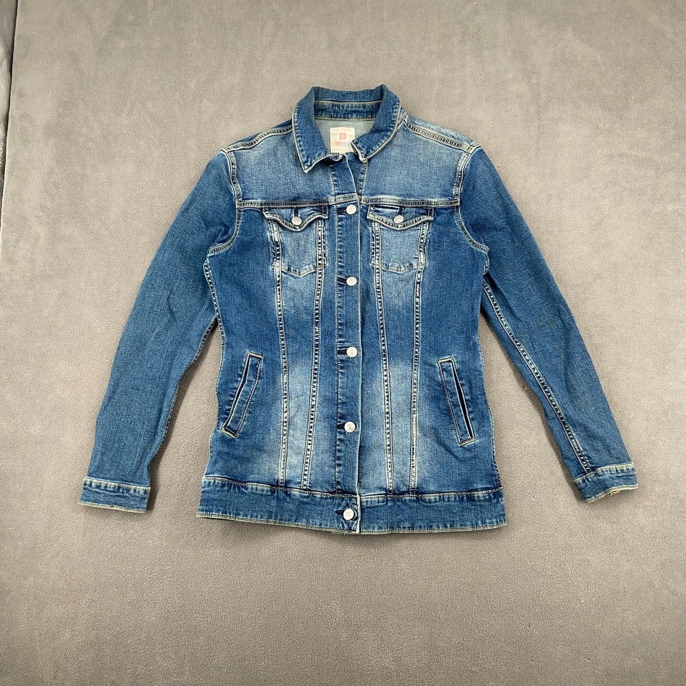 Lularoe Trucker Jacket Womens Medium‎ Blue Denim Stretch Floral Button Front